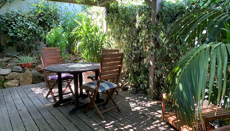 La terrasse est ombragée par une grande glycine