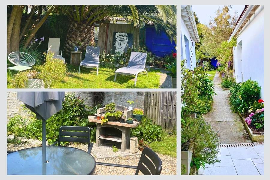 Maison Réthaise 2 – Jardin partagé et coin détente Un extérieur pensé pour la convivialité : transats sous les arbres, chemin arboré et coin barbecue pour des moments simples et chaleureux.