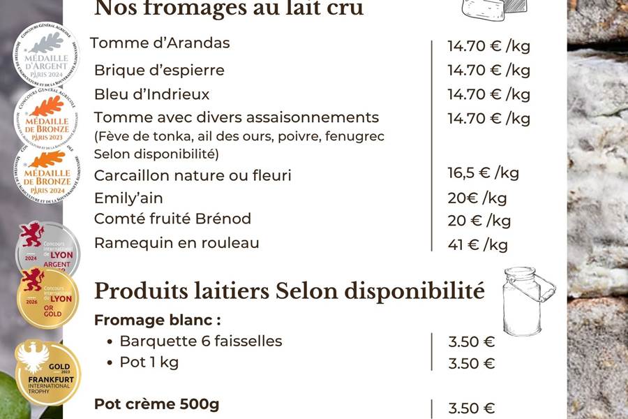 TARIF FROMAGE A LA FERME