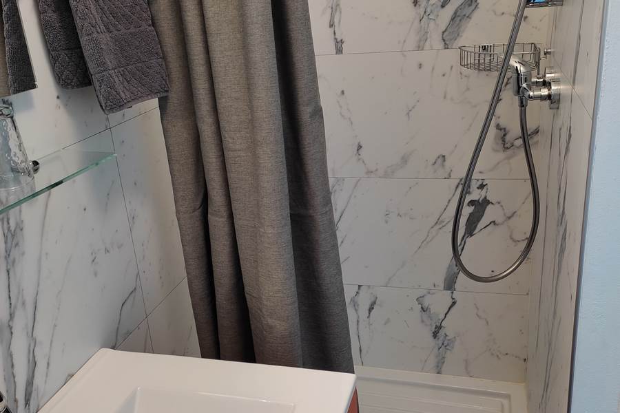 Chambre 1, vasque et douche.