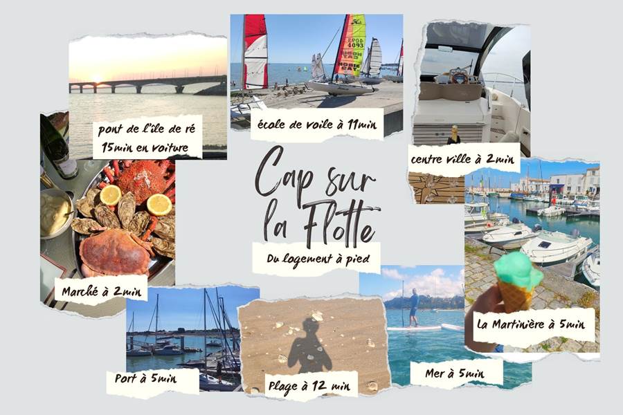 Du logement à pied, l’Île de Ré à portée de pas Au cœur du village de La Flotte, tout est accessible à pied : le charme d’un port typique, les halles gourmandes, les plages et les activités nautiques. Laissez la voiture de côté !