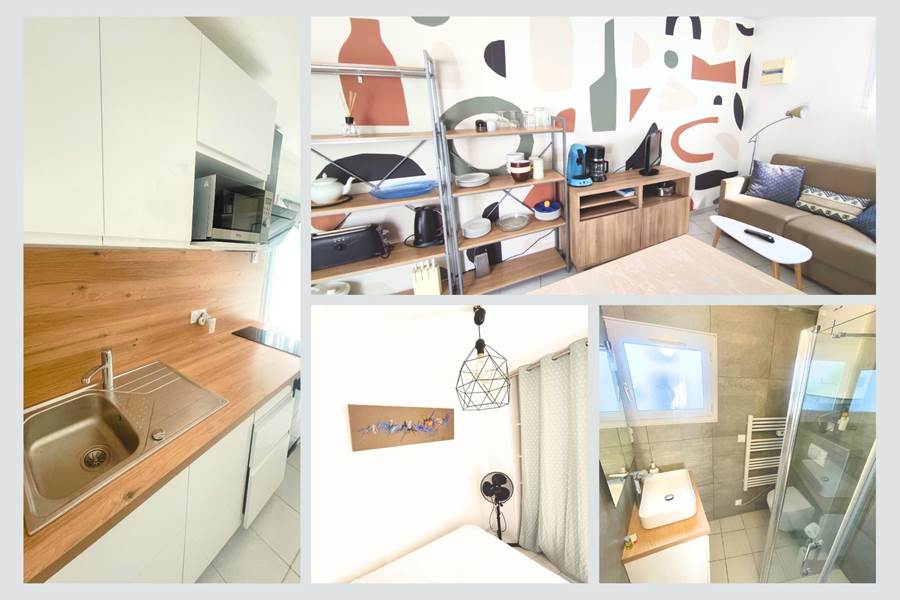 Maison Réthaise 2 – Intérieur clair et fonctionnel Ambiance artistique et équipements complets pour ce logement parfaitement pensé pour deux personnes, à deux pas du centre-village et du marché.