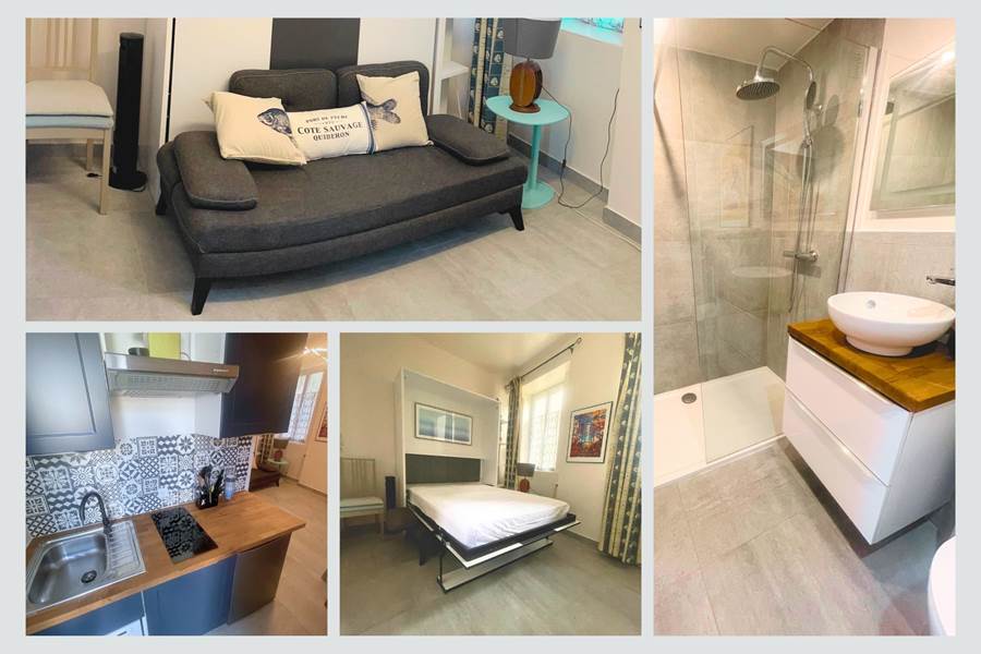 Studio rue du Marché – charme et fonctionnalité au cœur du village Lit escamotable, salle d’eau contemporaine, cuisine équipée et accès au jardin commun : tout est prévu pour un séjour détente à La Flotte.