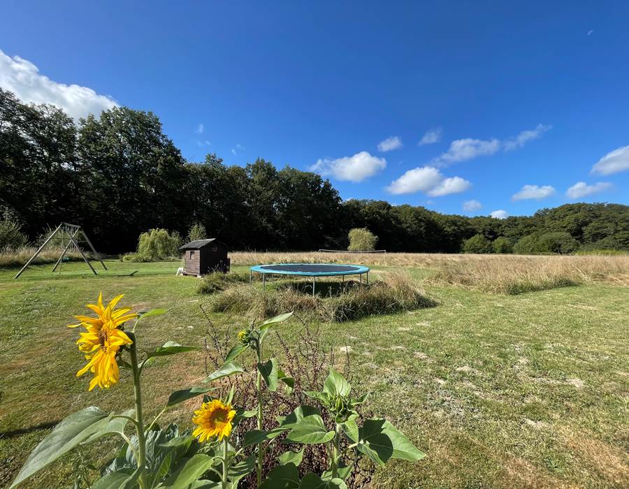 Balançoires, trampoline, cabane, terrain de badminton ...