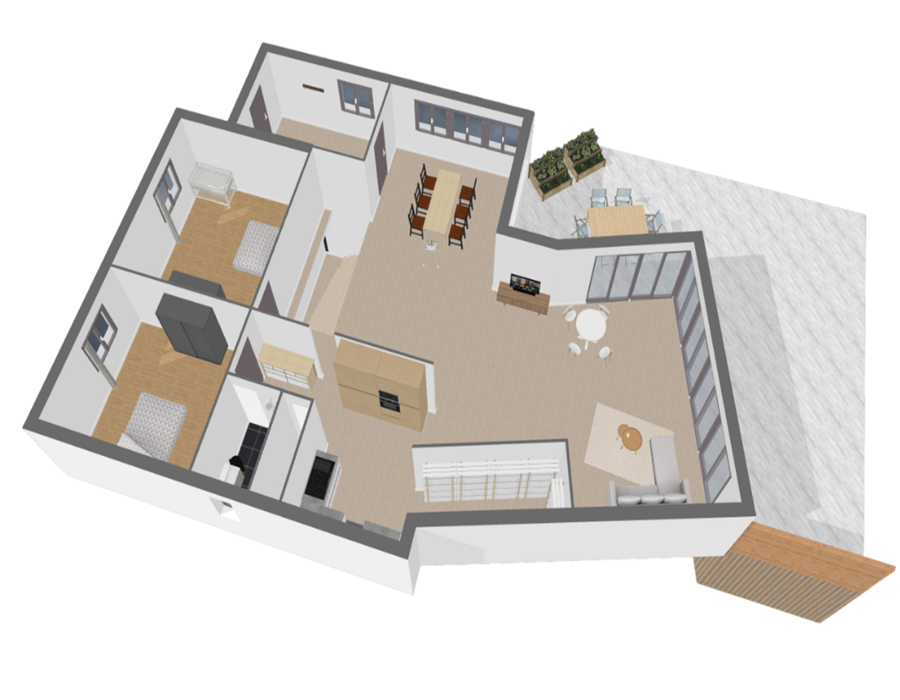 plan 3d avec extérieur du rez de chaussée / 3d plan with ground floor exterior