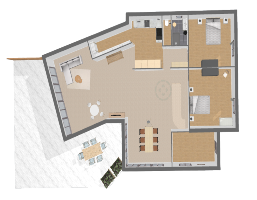 plan vue du dessus du rez de chaussée  / top view of ground floor